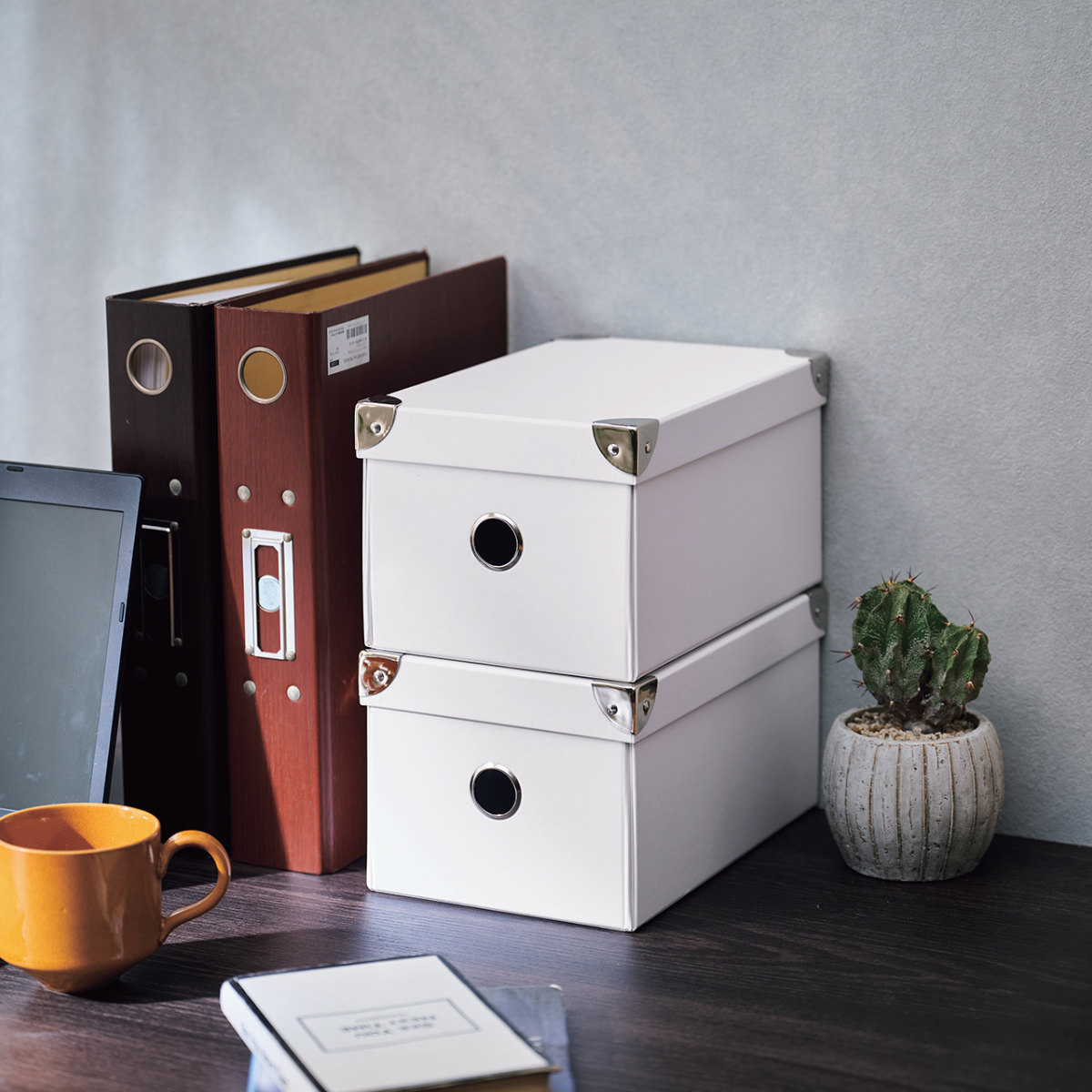 収納ボックス ストレージパルプボックス S ふた付き 幅15.5×奥行26×高さ13.5cm ( 収納 ボックス 箱 紙 紙製 パルプ フタ付き 小物収納 小物入れ ケース ストック 積み重ね 金属 金具付き 丈夫 折りたたみ 整理整頓 片付け ) 【グレー】 グレー