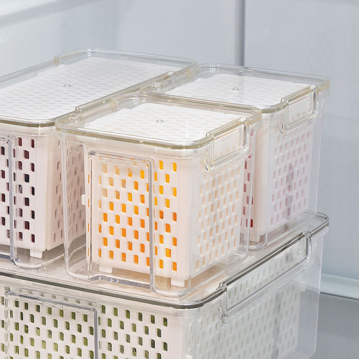 保存容器 500ml フレッシュスタック ザル付 コンテナ ( ザル付き保存容器 プラスチック 野菜保存容器 フタ付き 野菜 冷蔵庫 日本製 角型 スタッキング 野菜用保存容器 ざる 野菜水切り 透明 長持ち キッチン用品 水切り )