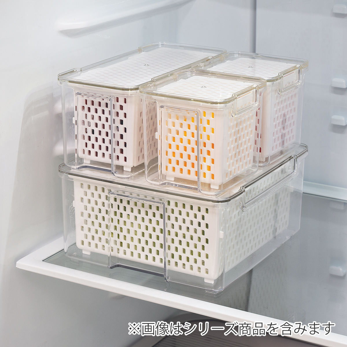 保存容器 500ml フレッシュスタック ザル付 コンテナ ( ザル付き保存容器 プラスチック 野菜保存容器 フタ付き 野菜 冷蔵庫 日本製 角型 スタッキング 野菜用保存容器 ざる 野菜水切り 透明 長持ち キッチン用品 水切り )