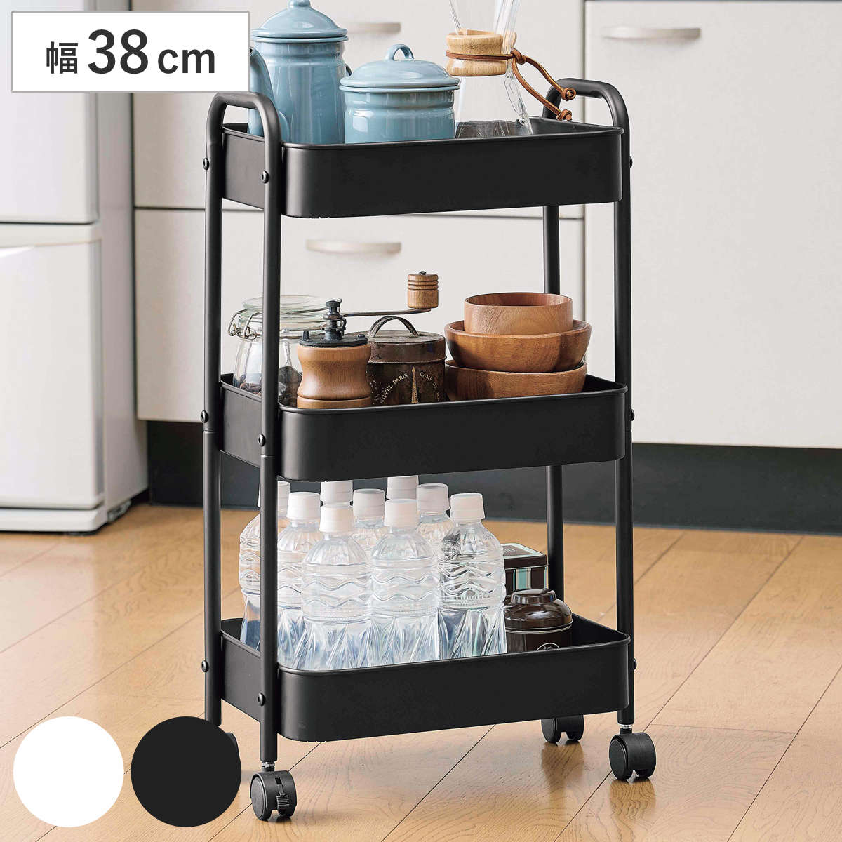 キッチン ワゴン スチールワゴン 3段 キャスター付き （ キッチンラック キッチンワゴン 収納 ラック スチール メッシュ キャスター かご バスケット ストッカー メッシュ底 キッチン収納棚 ベビーワゴン ベビー用品 デスク横 ） 【ブラック】