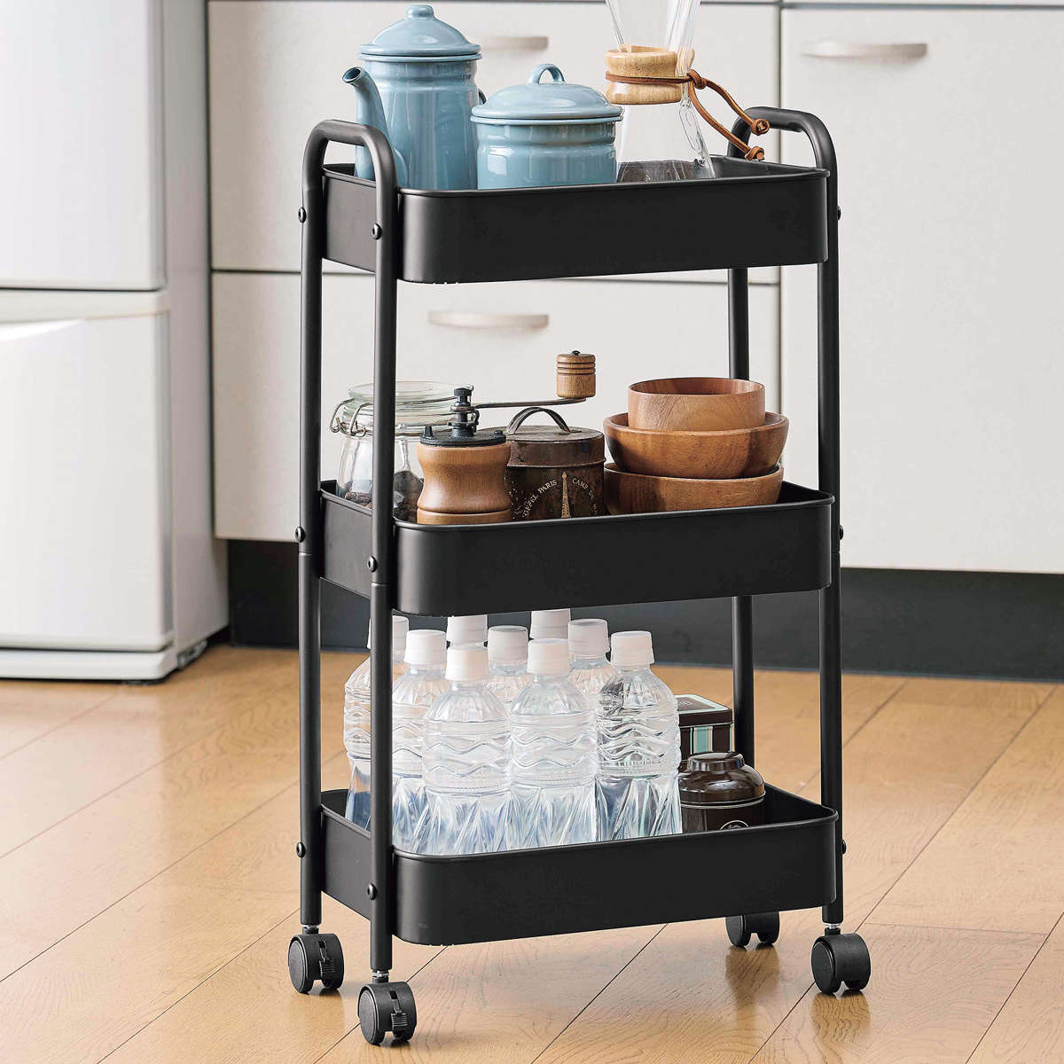 キッチン ワゴン スチールワゴン 3段 キャスター付き ( キッチンラック キッチンワゴン 収納 ラック スチール メッシュ キャスター かご バスケット ストッカー メッシュ底 キッチン収納棚 ベビーワゴン ベビー用品 デスク横 ) 【ブラック】 ブラック
