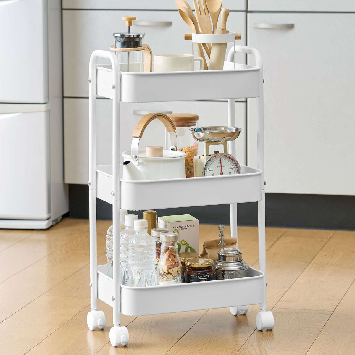 キッチン ワゴン スチールワゴン 3段 キャスター付き ( キッチンラック キッチンワゴン 収納 ラック スチール メッシュ キャスター かご バスケット ストッカー メッシュ底 キッチン収納棚 ベビーワゴン ベビー用品 デスク横 ) 【ブラック】 ブラック