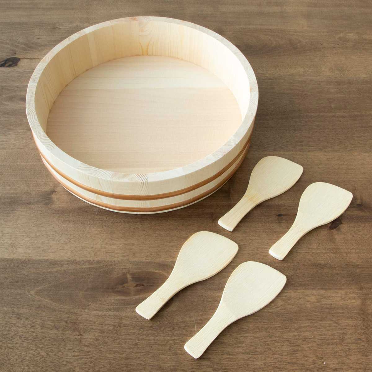 寿司桶 30cm おウチで楽しい 手巻き寿司桶 5点セット ( しゃもじ付き すし桶 天然木 木製 飯台 すし飯台 飯切 手巻き寿司 ちらし寿司 4合用 桶 木桶 お祝い事 イベント ホームパーティー ひな祭り )