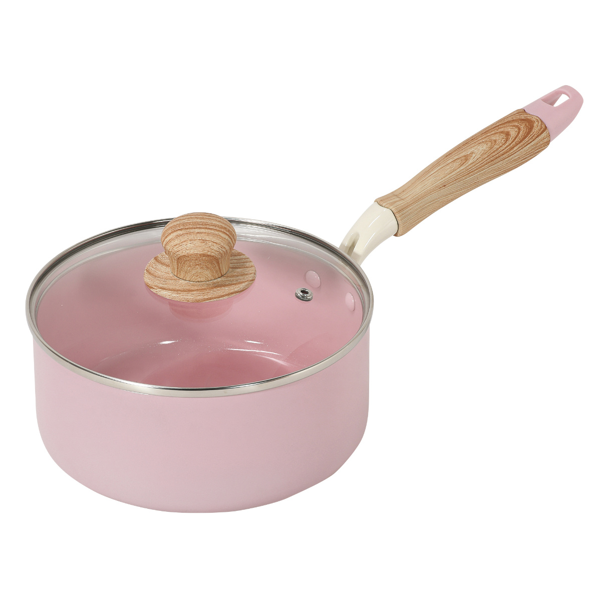 片手鍋 18cm IH対応 ガラス蓋付き セラミック ハルミック ( ガス火対応 片手なべ 鍋 セラミック加工 軽い 18センチ アルミ製 木目調ハンドル こびりつきにくい 軽量 耐久性 おしゃれ ) 【ペールイエロー】 ペールイエロー