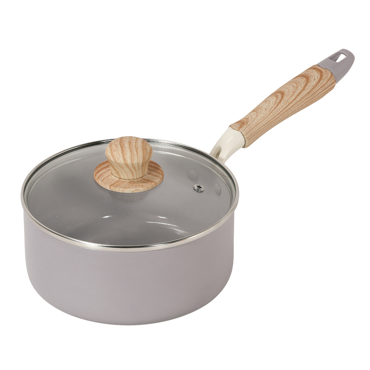 片手鍋 18cm IH対応 ガラス蓋付き セラミック ハルミック ( ガス火対応 片手なべ 鍋 セラミック加工 軽い 18センチ アルミ製 木目調ハンドル こびりつきにくい 軽量 耐久性 おしゃれ ) 【ペールイエロー】 ペールイエロー