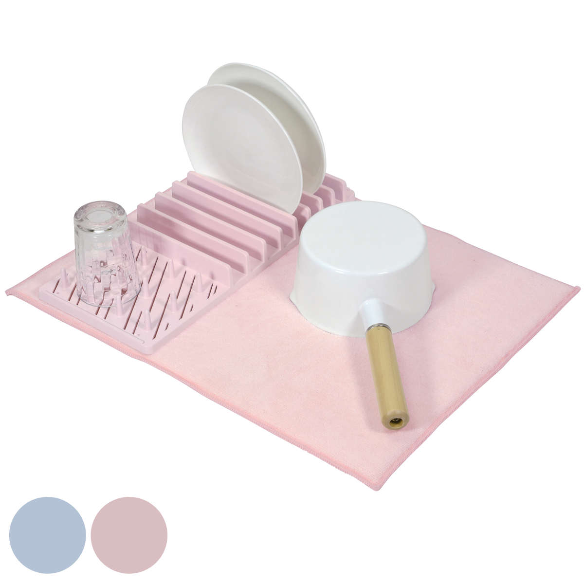 水切りラック 水切りトレー ハルミック マットセット ( 吸水マット 吸水水切りマット ディッシュマット トレー付き 折りたたみ キッチン用吸水マット キッチンマット ドライマット ドライングマット 食器 乾燥 水切り 省スペース ) 【ブルーグレー】