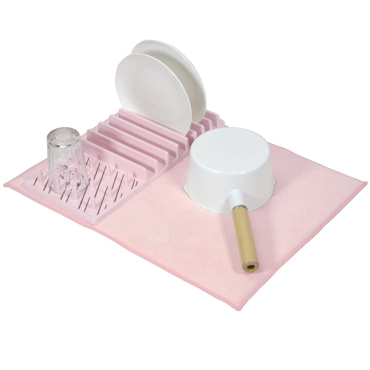 水切りラック 水切りトレー ハルミック マットセット ( 吸水マット 吸水水切りマット ディッシュマット トレー付き 折りたたみ キッチン用吸水マット キッチンマット ドライマット ドライングマット 食器 乾燥 水切り 省スペース ) 【ペールピンク】 ペールピンク