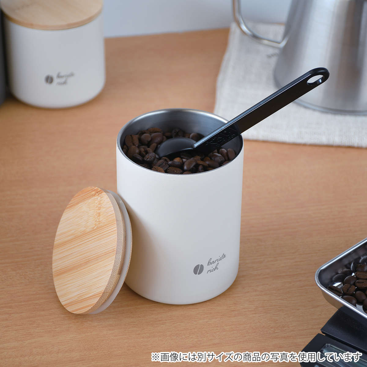 キャニスター 330ml バリスタリッチ 真空二重構造 保存容器 ステンレス ( コーヒーキャニスター 密閉 調味料容器 蓋 竹 パッキン付き 丸型 鮮度保持 コーヒー豆 粉 珈琲豆 紅茶 茶葉 茶筒 砂糖 塩 調味料ポット ) 【オフホワイト】 オフホワイト