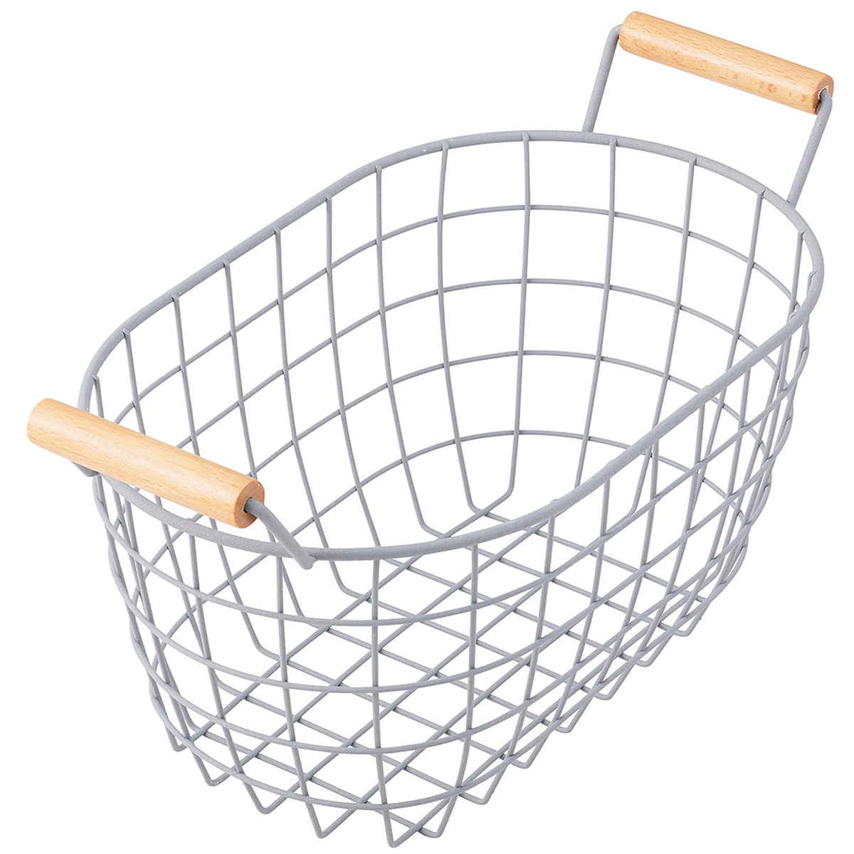 オーバルバスケット Sサイズ 幅33.5cm 木柄取っ手 バスケット かご ワイヤー ( 収納 カゴ 丸型 オーバル 楕円 持ち手付き スチール製 収納バスケット 小物入れ 小物収納 取って付き おしゃれ オシャレ ) 【サンドホワイト】 サンドホワイト