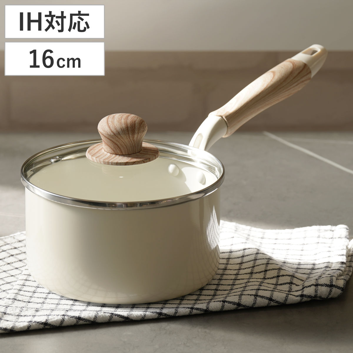 片手鍋 16cm IH対応 ガラス蓋付き セラミール （ ガス火対応 オール熱源対応 片手なべ 鍋 セラミック加工 軽い 16センチ アルミ製 セラミック 木目調ハンドル こびりつきにくい 軽量 耐久性 おしゃれ ）