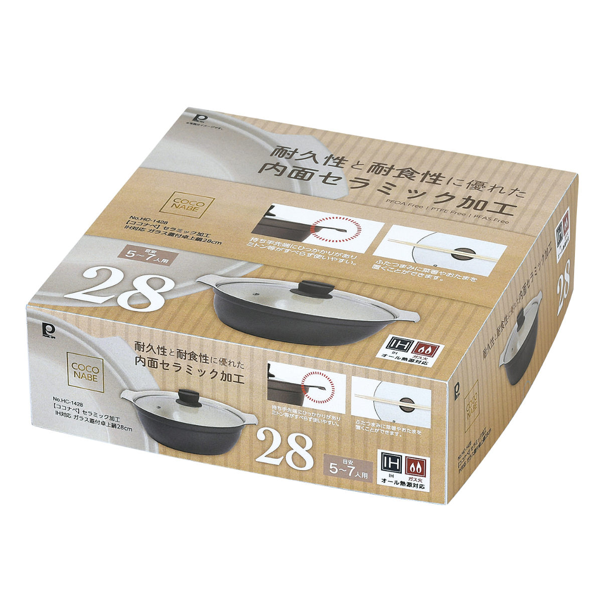 卓上鍋 28cm IH対応 ココナベ セラミック加工 ( ガス火対応 内面セラミック加工 ガラス蓋付き 5人用 6人用 7人用 IH鍋 直火鍋 両手鍋 季節鍋 家族 )