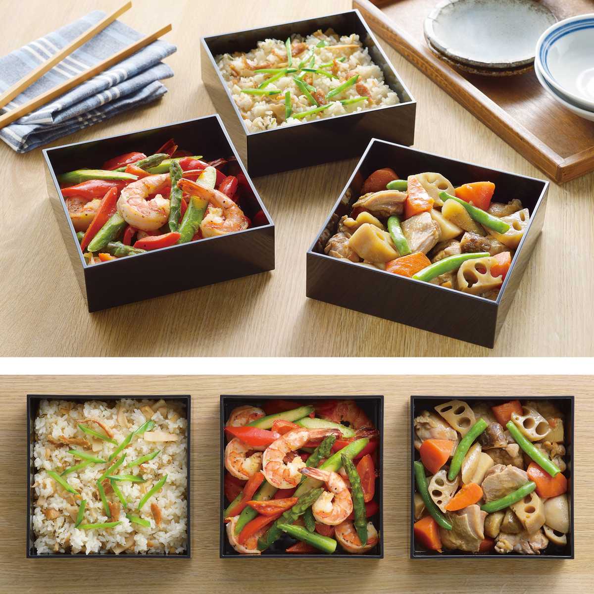 弁当箱 3段 15cm 日常使いの重箱 ベルト付 ( 重箱 お重 2~3人用 三段 三段重 ブラック 日本製 お重箱 御重 3段重 行楽弁当箱 お正月 運動会 おせち料理 黒 シンプル )