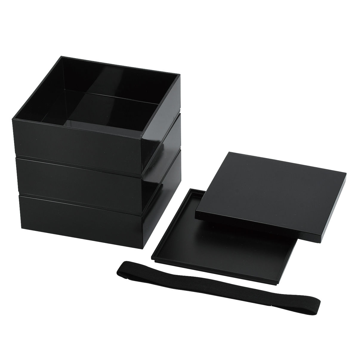 弁当箱 3段 15cm 日常使いの重箱 ベルト付 ( 重箱 お重 2~3人用 三段 三段重 ブラック 日本製 お重箱 御重 3段重 行楽弁当箱 お正月 運動会 おせち料理 黒 シンプル )