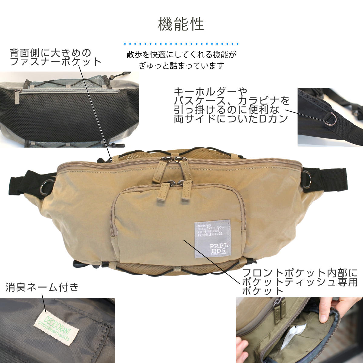 OSAMPOはっ水しわナイロンボディバッグ ( お散歩 バッグ 旅行バック かばん レディース メンズ ショルダー 収納 ポケット 犬 ペット 散歩バッグ ペットバッグ 斜めがけ 撥水 軽い サブバッグ 旅行 鞄 男女兼用 シンプル ) 【ベージュ】 ベージュ