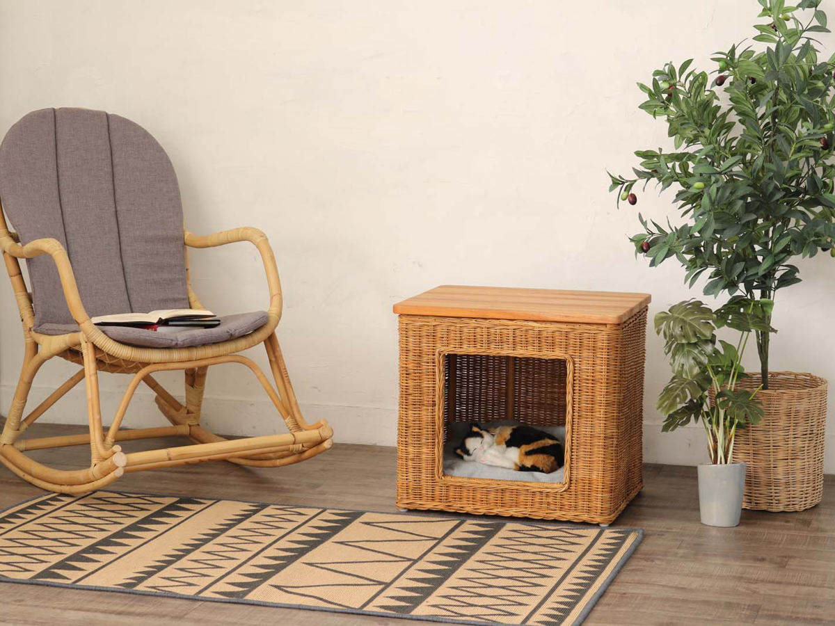 籐 ペットハウス クッション付 テーブル機能 幅55cm （ ペット用 犬 猫