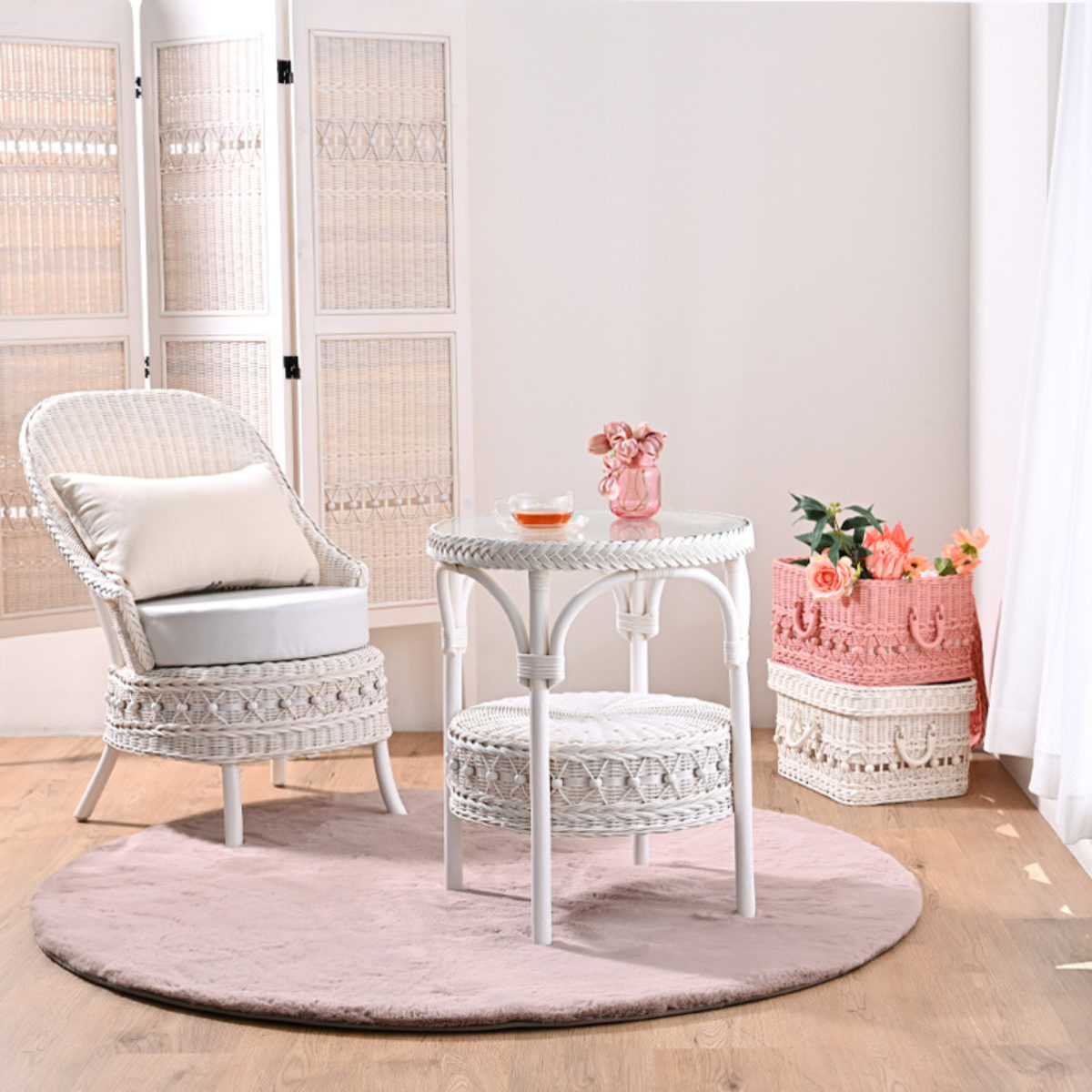 籐 ソファ 幅55cm シングルソファ 1人掛け ラタン製 fiore ( 白家具 ラタン家具 姫系 パーソナルチェア ソファー チェア フィオーレ 椅子 イス チェアー ホワイトウォッシュ 一人用 一人掛 1人 )