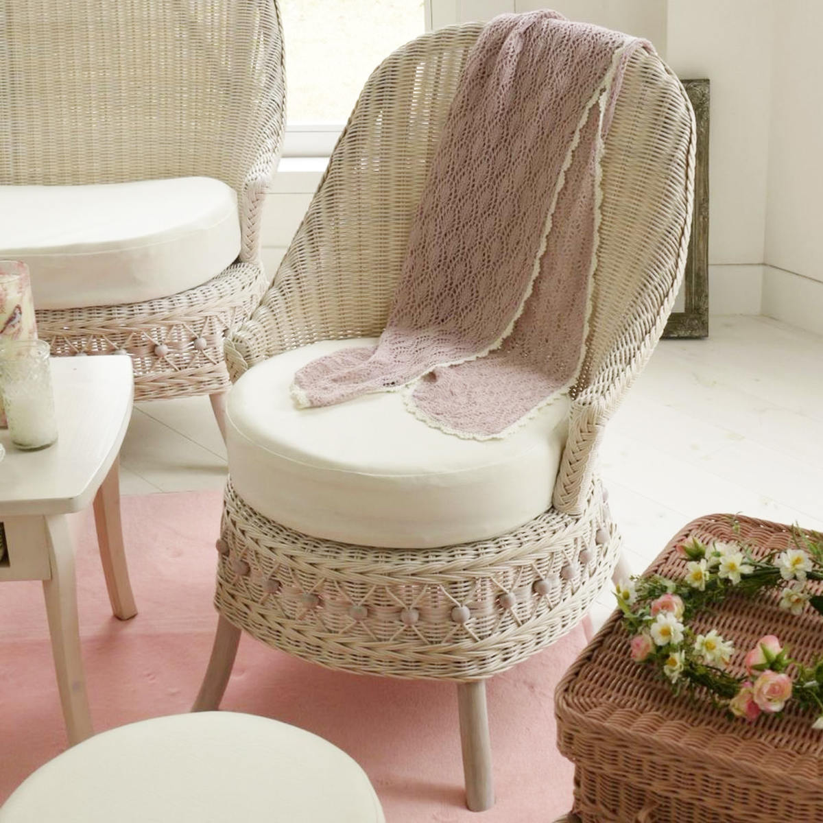 籐 ソファ 幅55cm シングルソファ 1人掛け ラタン製 fiore ( 白家具 ラタン家具 姫系 パーソナルチェア ソファー チェア フィオーレ 椅子 イス チェアー ホワイトウォッシュ 一人用 一人掛 1人 )