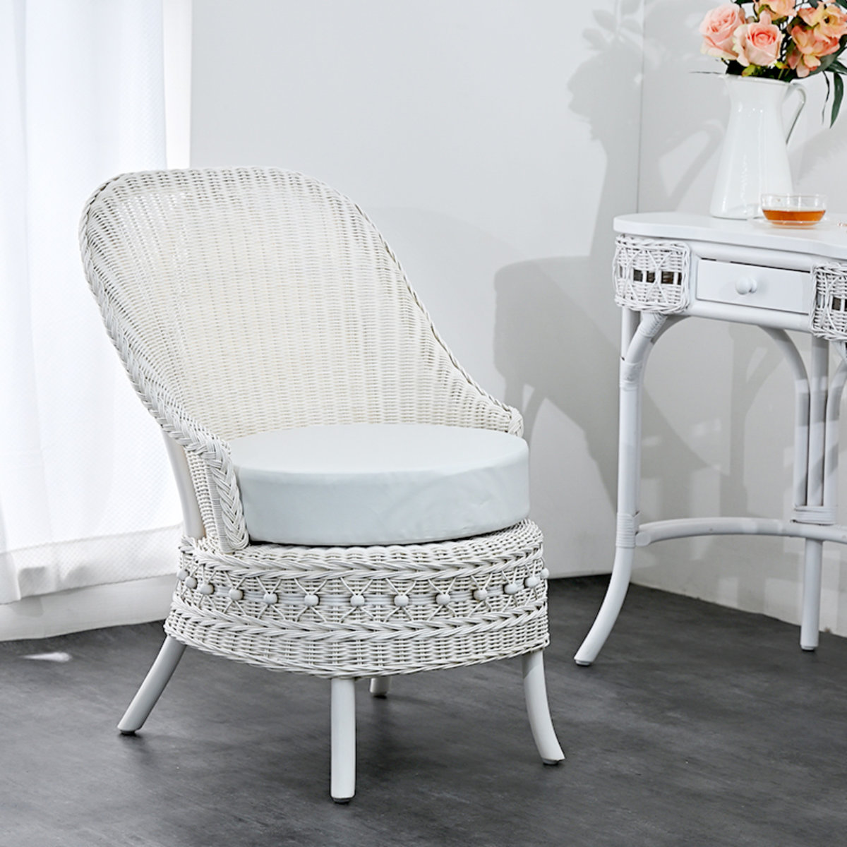 籐 ソファ 幅55cm シングルソファ 1人掛け ラタン製 fiore ( 白家具 ラタン家具 姫系 パーソナルチェア ソファー チェア フィオーレ 椅子 イス チェアー ホワイトウォッシュ 一人用 一人掛 1人 )