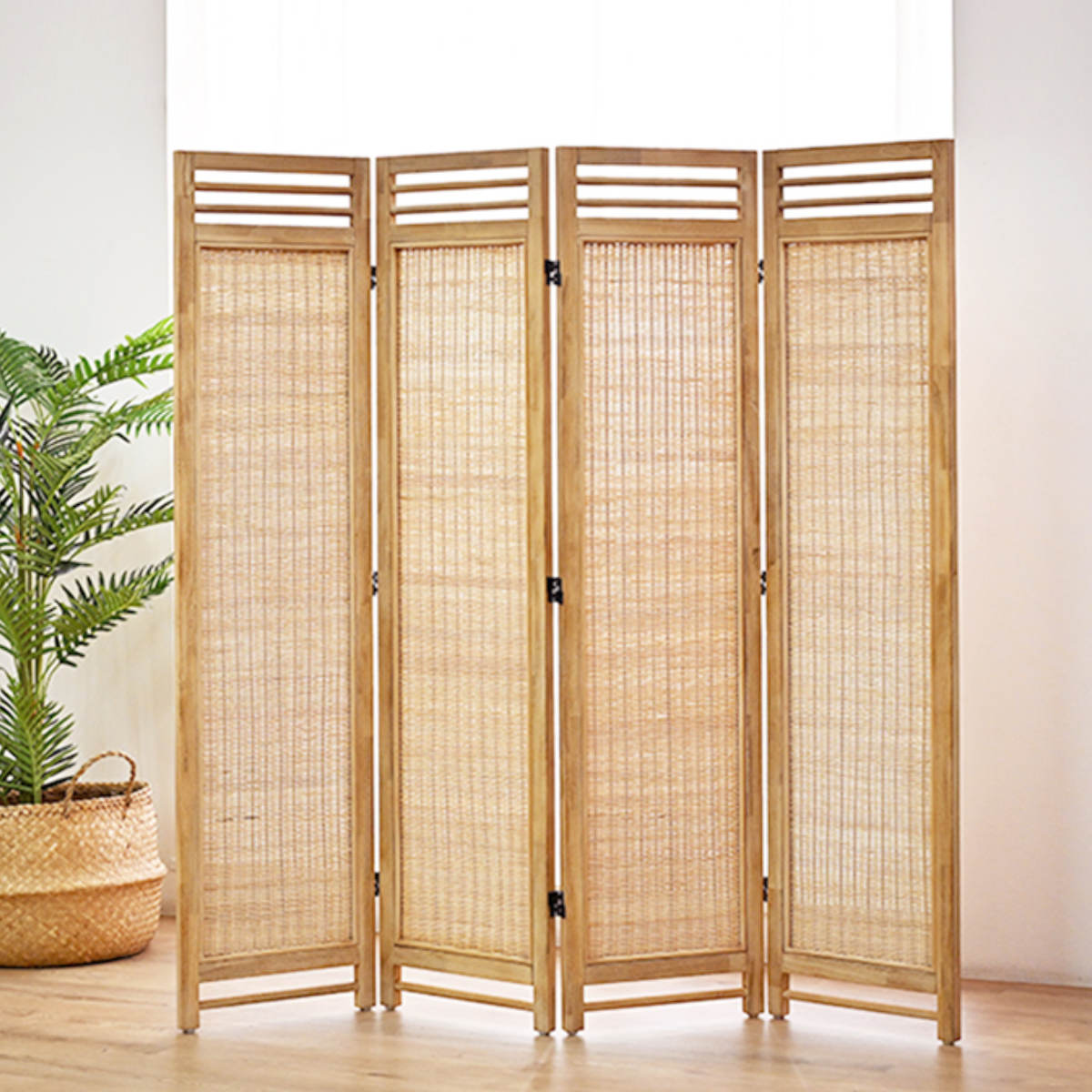 衝立 4連 高さ160cm ラタン 天然木 折りたたみ 間仕切り ( パーテーション スクリーン 籐 目隠し 自立式 ついたて 籐製 パーティション 間仕切 アジアン アジアンテイスト ナチュラル おしゃれ コンパクト収納 )