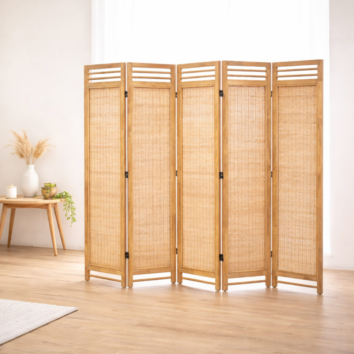 衝立 5連 高さ160cm ラタン 天然木 折りたたみ 間仕切り ( パーテーション スクリーン 籐 目隠し 自立式 ついたて 籐製 パーティション 間仕切 アジアン アジアンテイスト ナチュラル おしゃれ コンパクト収納 )