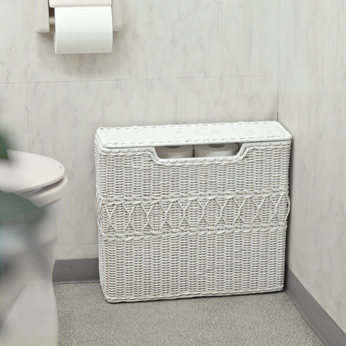 ラタン トイレットペーパー収納 幅45cm 籐 flore （ ストッカー トイレットペーパー 12ロール ゴミ箱 ラタン製 収納 トイレ トイレットペーパーストッカー ペーパー収納 収納ボックス スリム フタ付き 省スペース ）