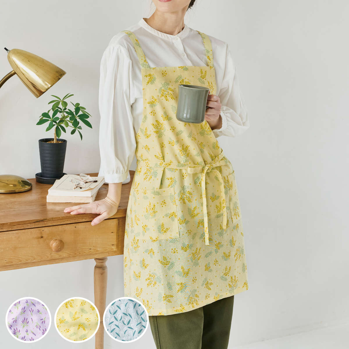 エプロン habituel アビチュアル 花柄 綿100％ （ キッチンエプロン ポケット付き 肩ひも インド綿 胸当てエプロン ビブエプロン 台所エプロン 大人用 コットン 綿 おしゃれ かわいい 腰ひも DIY レディース ） 【スズラン】