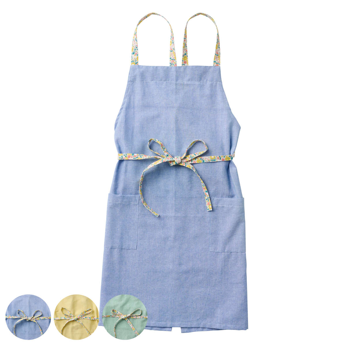 エプロン habituel アビチュアル フラワーストリング 綿100％ （ キッチンエプロン ポケット付き 無地 花柄肩ひも インド綿 胸当てエプロン ビブエプロン 台所エプロン 大人用 コットン 綿 おしゃれ かわいい 腰ひも DIY レディース ） 【ブルー】