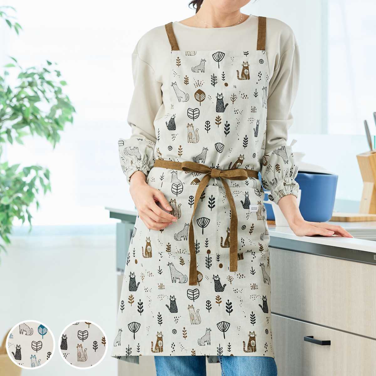 エプロン ミネット 綿 クロス型エプロン Vieressa （ キッチンエプロン 台所エプロン バッククロスエプロン ヴィエレッサ 綿100% ポケット付き ループ付き 胸当てエプロン バッククロス 大人用 レディース 北欧 北欧風 ねこ柄 猫 ） 【ライトグレー】