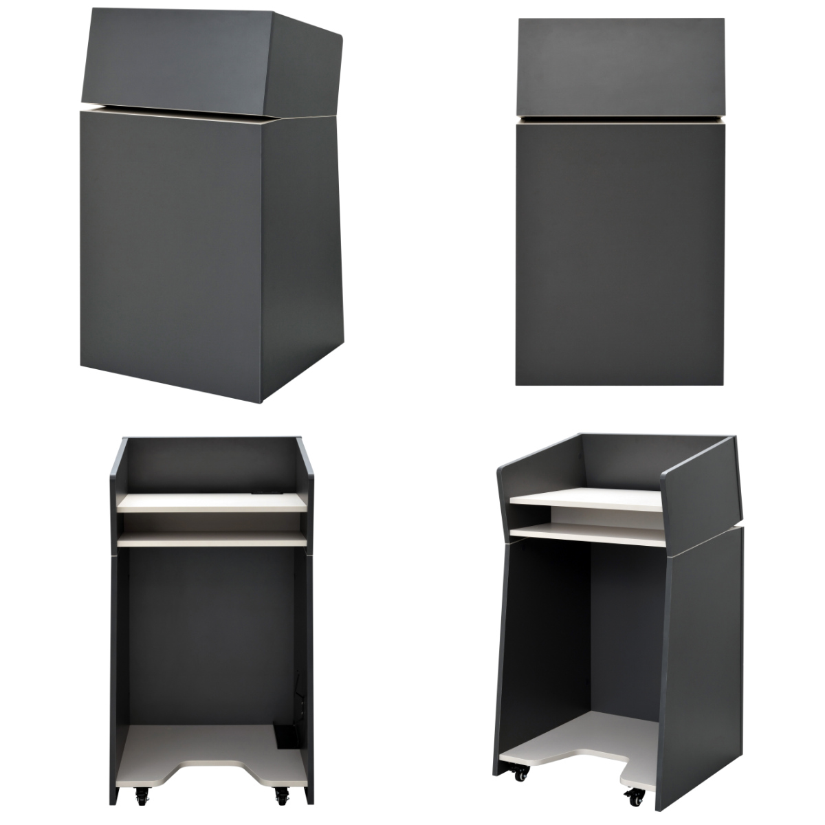 演説台 幅60cm 2口コンセント付き キャスター付き シェル ( 法人限定 演台 講演台 教壇 教卓 司会者台 スピーチ台 プレゼン台 マイク台 演説 収納棚 木目調 プレゼン 台 講義台 会議 学校 塾 会議室 セミナー オフィス 会社 ) 【グレー】 グレー