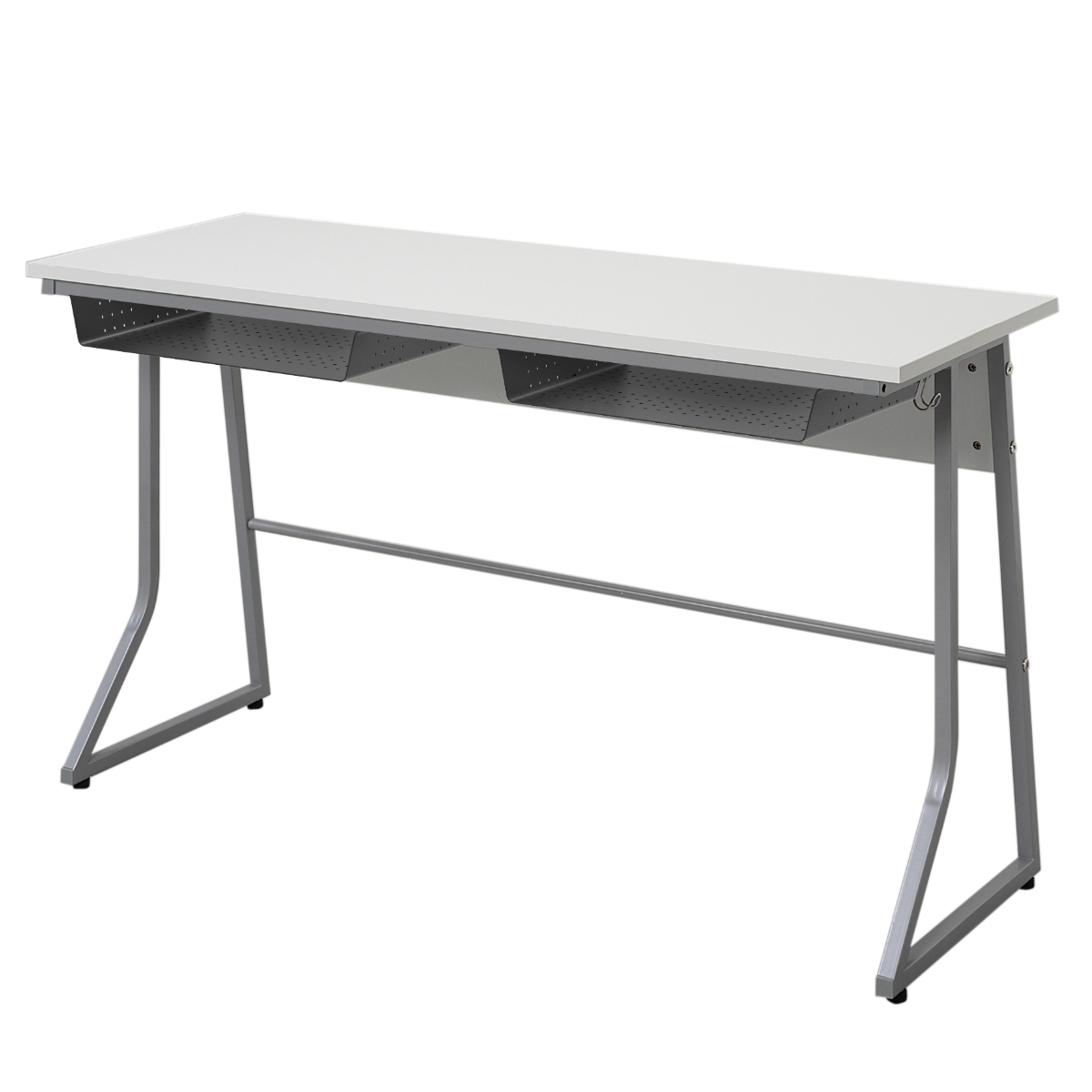 デスク 幅120cm スモール 研修用デスク パソコンデスク 棚付き ループ脚 ( 法人限定 2人用 研修 学習 机 つくえ 収納棚 フック付き 天板 滑りにくい 講習 勉強会 塾 学校 学習塾 セミナー オフィス 会社 アジャスター付き ) 【ホワイト】 ホワイト