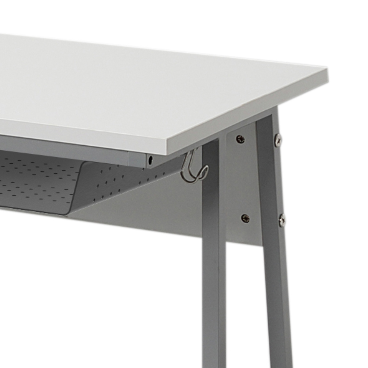 デスク 幅120cm スモール 研修用デスク パソコンデスク 棚付き ループ脚 ( 法人限定 2人用 研修 学習 机 つくえ 収納棚 フック付き 天板 滑りにくい 講習 勉強会 塾 学校 学習塾 セミナー オフィス 会社 アジャスター付き ) 【ホワイト】 ホワイト