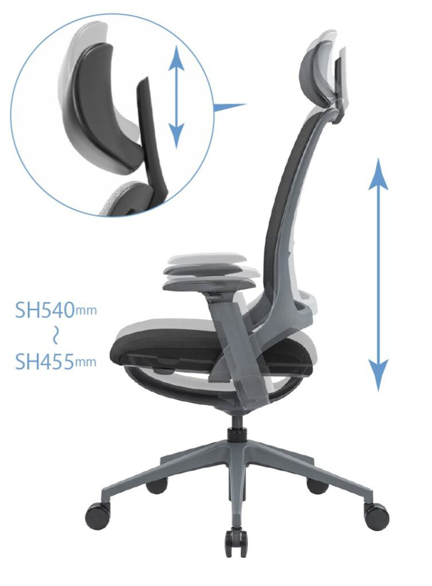 オフィスチェア 座面高 45.5~54cm 肘掛け付き ヘッドレスト付き ハグチェア ( 法人限定 ワークチェア パソコンチェア ロッキング機能 高さ調節 メッシュ 可動式アームレスト ランバーサポート 学習椅子 勉強椅子 イス 椅子 ) 【グレー】 グレー