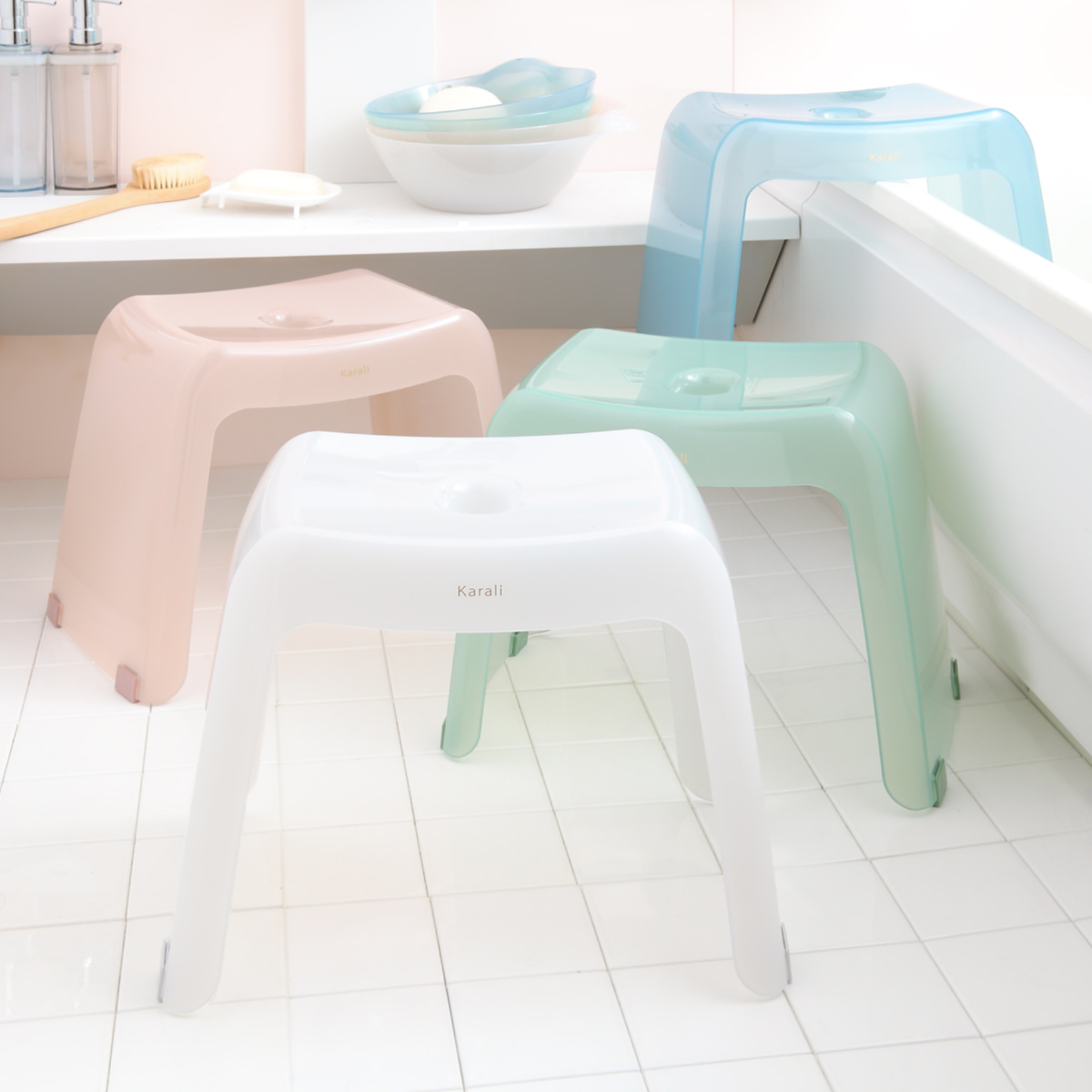 風呂椅子 カラリ karali 高さ30cm ( 風呂イス 風呂いす シャワーチェア バスチェア 腰かけ 30H 透明 くすみカラー 高さ 30cm 30 コの字 滑り止め すべり止め イス いす 椅子 風呂 お風呂 バス ) 【モーヴホワイト】 モーヴホワイト