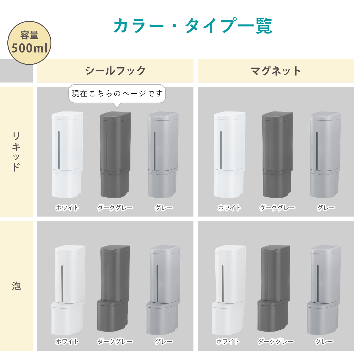 ディスペンサー 500ml リキッドタイプ シールフックタイプ ホバー ( 液体 ソープディスペンサー 詰め替えボトル ソープボトル 壁面 詰め替え プッシュ 風呂 壁付け シール付 シンプル ホワイト ダークグレー グレー ) 【グレー】 グレー
