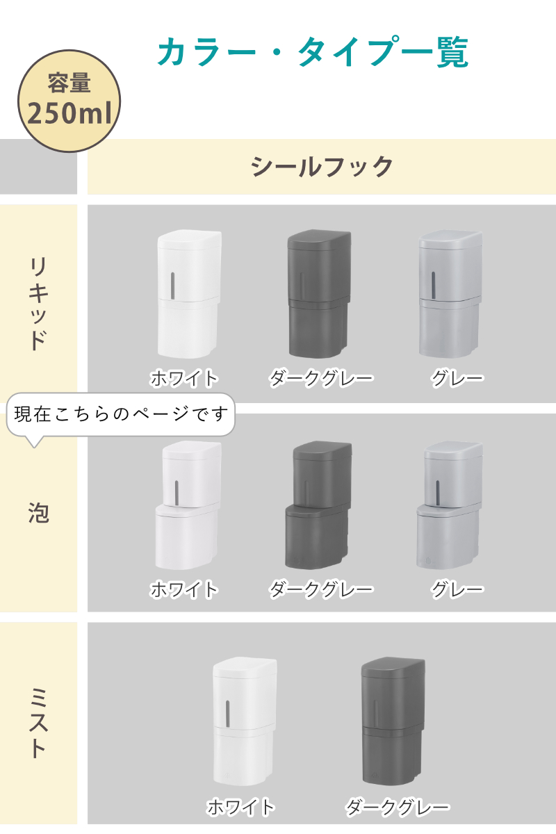 ディスペンサー 250ml 泡タイプ シールフックタイプ ホバー ( 泡 ソープディスペンサー 詰め替えボトル ソープボトル 壁面 詰め替え プッシュ 風呂 壁付け シンプル ホワイト ダークグレー グレー ) 【ダークグレー】 ダークグレー