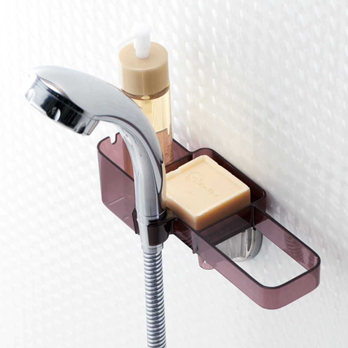 バス収納 シャワーフックラック ( シャワーラック 1段 シャワー ラック シャンプーラック 吊り下げ 収納 ボトルラック ボトル バスラック 棚 小物 タオル 整理 省スペース 穴あき お風呂 ) 【スモークブラウン】 スモークブラウン