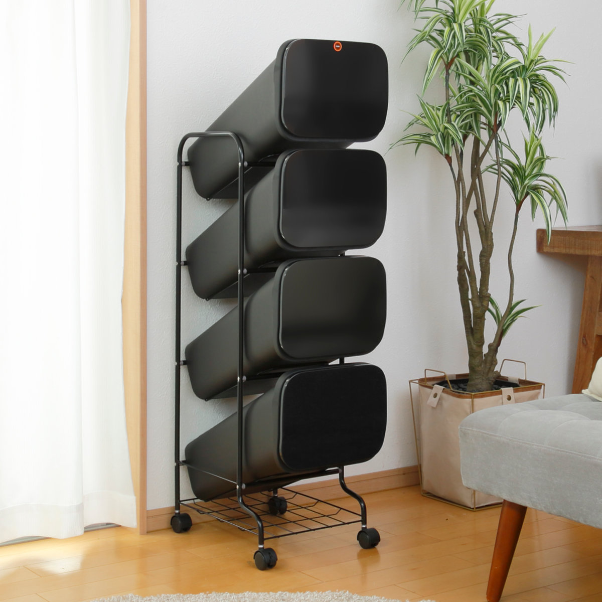 ゴミ箱 4段 Nスムース スタンドダストボックス ( ごみ箱 19L×4 ふた付き ダストボックス 分別ごみ箱 キャスター付き 縦型 20リットル 4個 フタ付 前開き キッチン スリム 蓋付き くずかご たて型 収納 ダストBOX ) 【メタル】 メタル