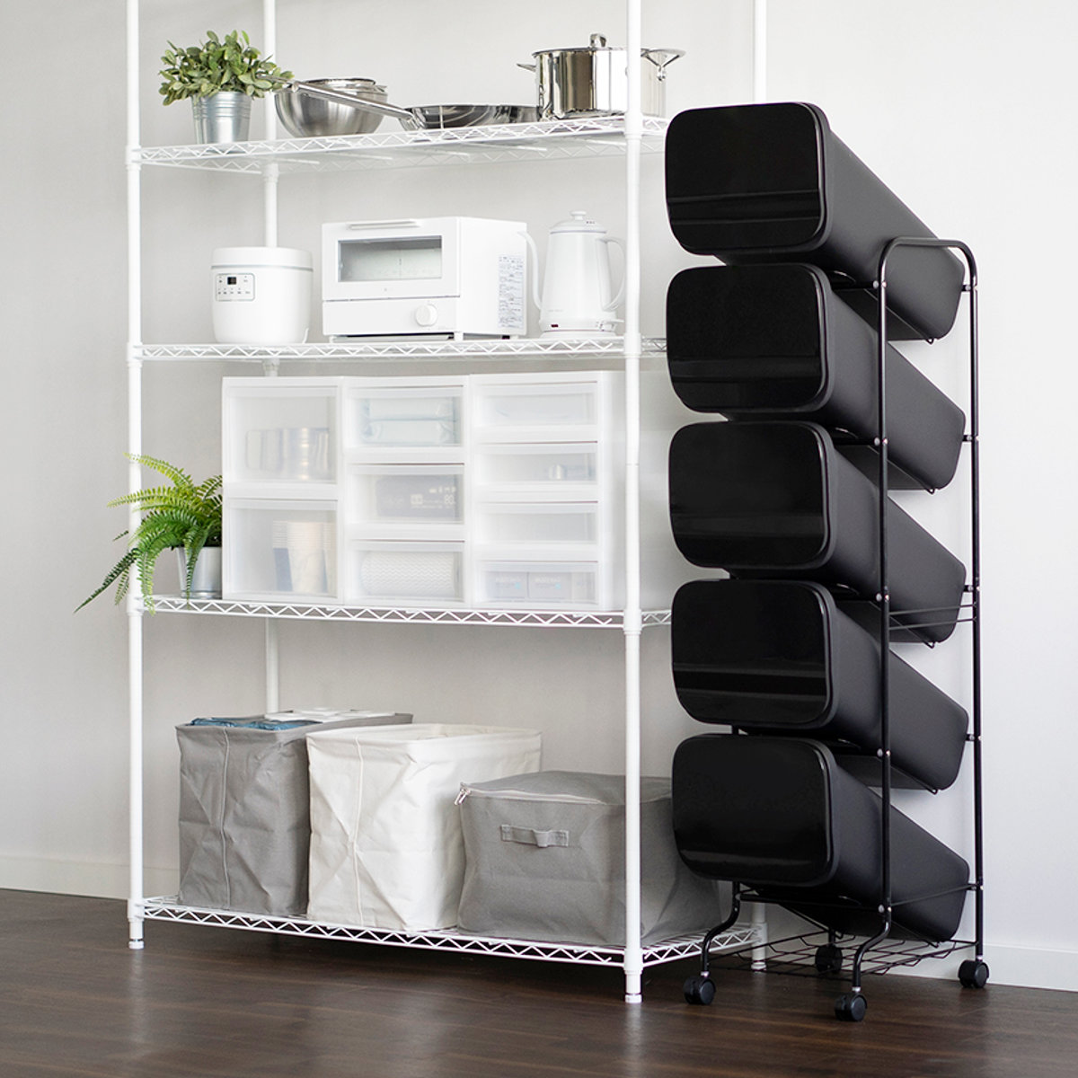 ゴミ箱 5段 Nスムース スタンドダストボックス ( ごみ箱 19L×5 ふた付き ダストボックス 分別ごみ箱 キャスター付き 縦型 20リットル 5個 フタ付 前開き キッチン スリム 蓋付き くずかご たて型 収納 ダストBOX ) 【ホワイト】 ホワイト