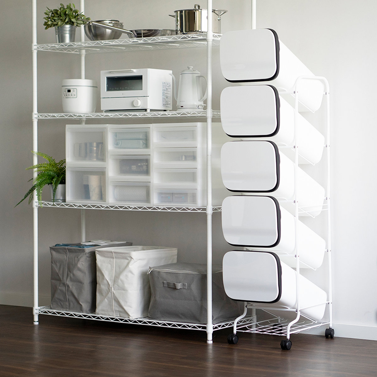 ゴミ箱 5段 Nスムース スタンドダストボックス ( ごみ箱 19L×5 ふた付き ダストボックス 分別ごみ箱 キャスター付き 縦型 20リットル 5個 フタ付 前開き キッチン スリム 蓋付き くずかご たて型 収納 ダストBOX ) 【ホワイト】 ホワイト