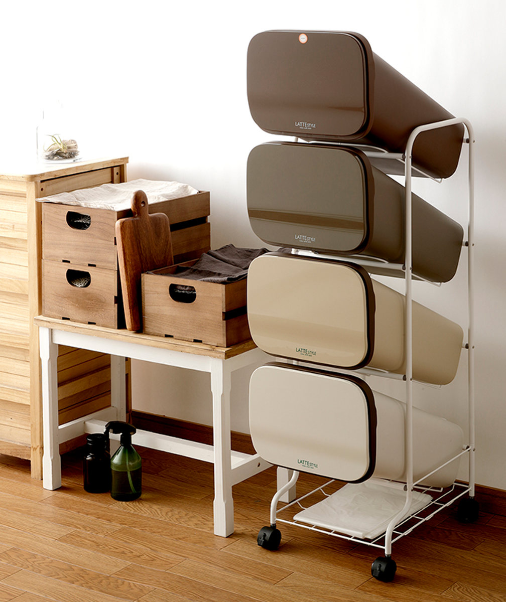 ゴミ箱 4段 Nラテスタイル スタンドダストボックス ( ごみ箱 19L×4 ふた付き ダストボックス 分別ごみ箱 キャスター付き 縦型 20リットル 4個 フタ付 前開き キッチン スリム 蓋付き くずかご たて型 収納 ダストBOX )