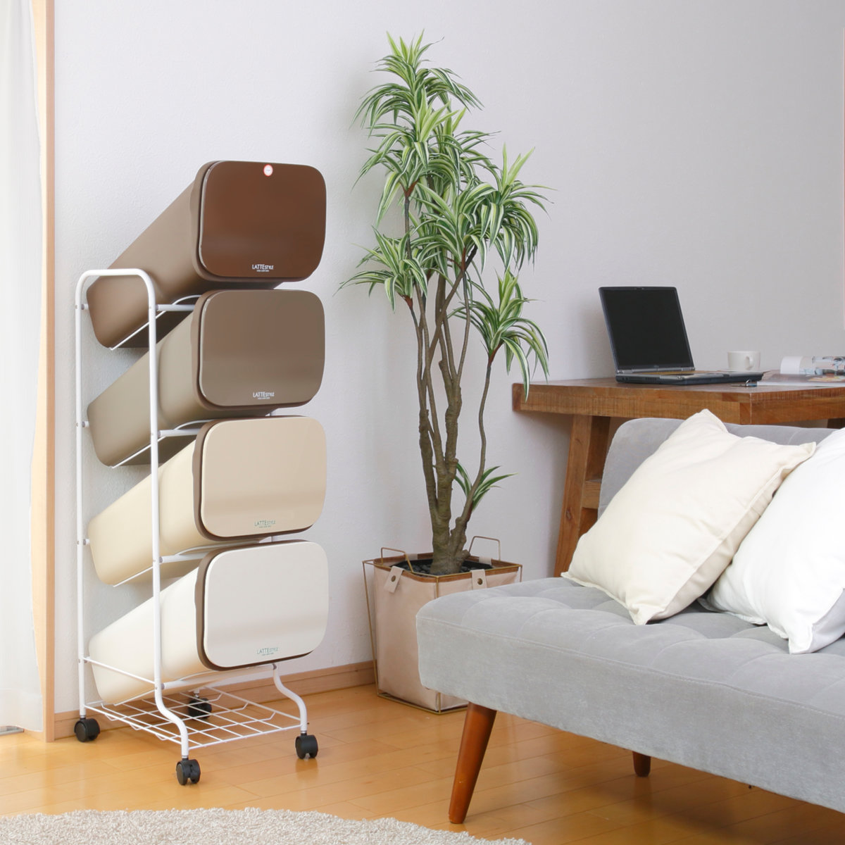 ゴミ箱 4段 Nラテスタイル スタンドダストボックス ( ごみ箱 19L×4 ふた付き ダストボックス 分別ごみ箱 キャスター付き 縦型 20リットル 4個 フタ付 前開き キッチン スリム 蓋付き くずかご たて型 収納 ダストBOX )