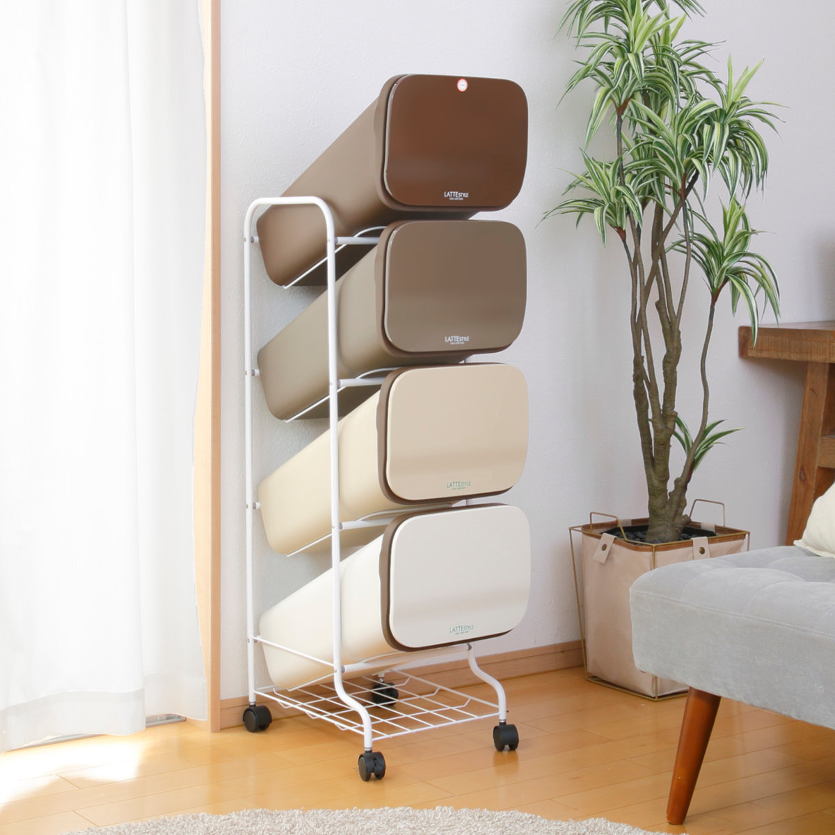 ゴミ箱 4段 Nラテスタイル スタンドダストボックス ( ごみ箱 19L×4 ふた付き ダストボックス 分別ごみ箱 キャスター付き 縦型 20リットル 4個 フタ付 前開き キッチン スリム 蓋付き くずかご たて型 収納 ダストBOX )