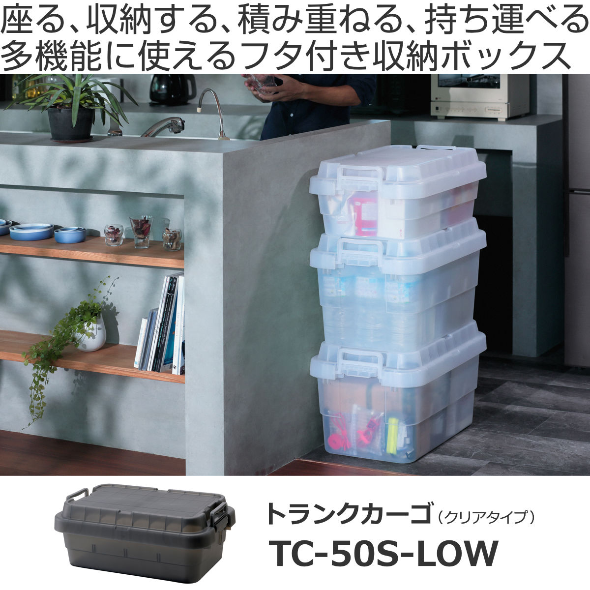 収納ボックス 幅60×奥行39×高さ24cm トランクカーゴ スタッキング クリアタイプ 30L TC-50S LOW ( リス 座れる 収納ケース 収納 ボックス 頑丈箱 フタ付き ケース ストック ストッカー プラスチック 持ち手付き 日本製 コンテナ ) 【クリアブラック】 クリアブラック