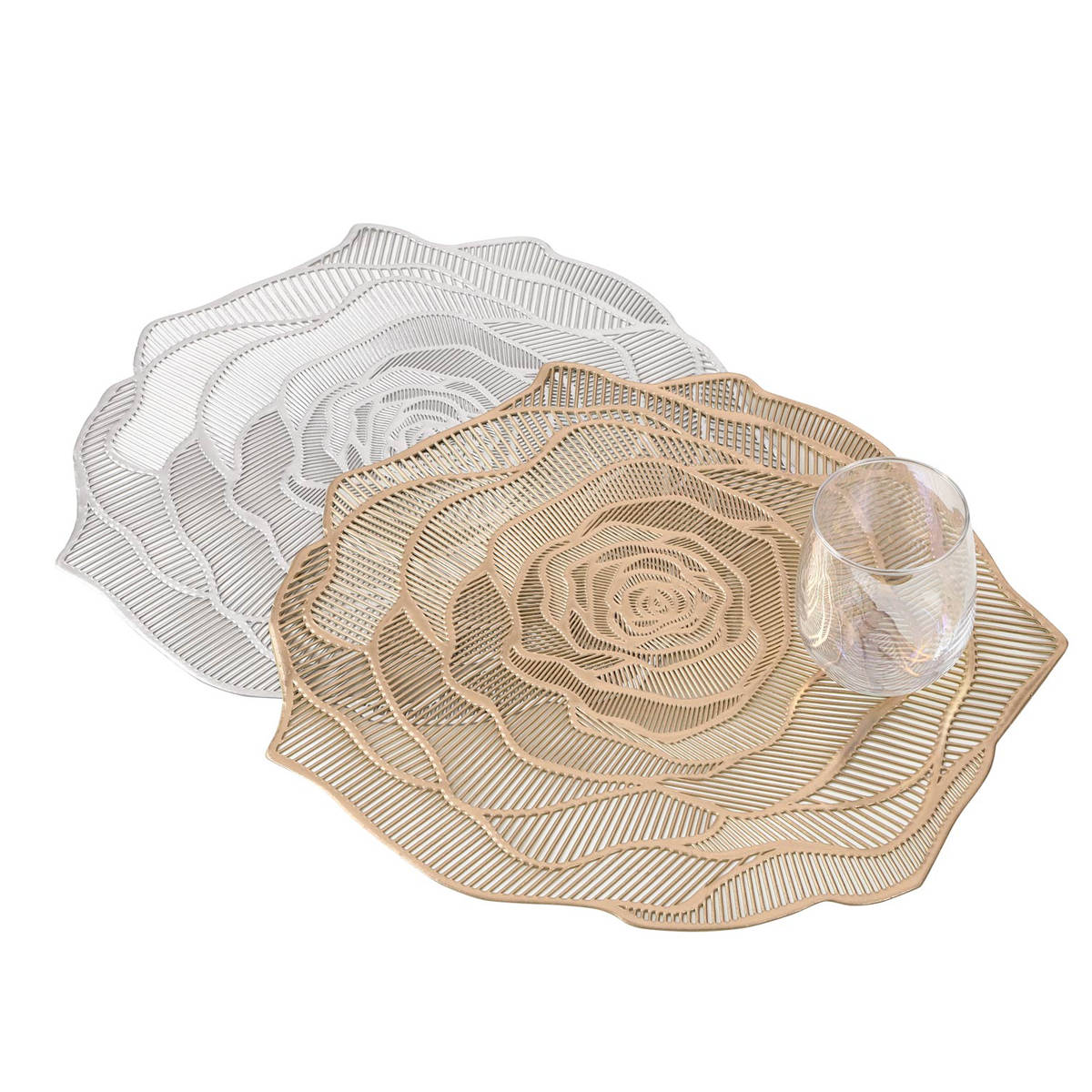 ランチョンマット アプリクス フラワーレース ( 38× 34cmおしゃれ 洗える 撥水 バラ 薔薇 テーブルマット エレガント 食卓 ) 【シルバー】