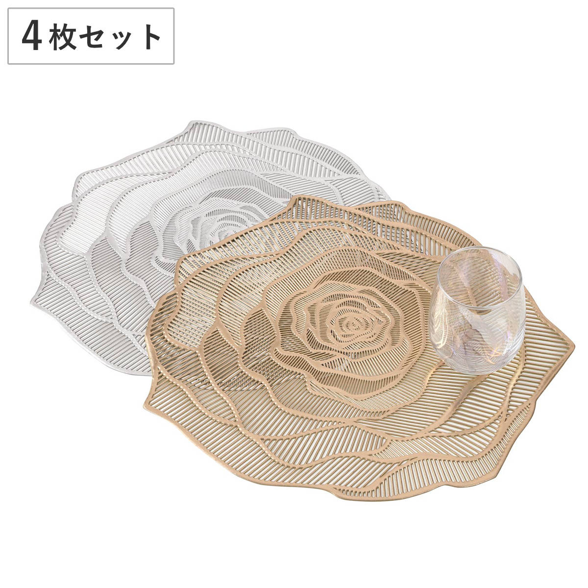 ランチョンマット アプリクス フラワーレース 同色4枚セット ( 38× 34cmおしゃれ 洗える 撥水 バラ 薔薇 テーブルマット エレガント 食卓 ) 【シルバー】