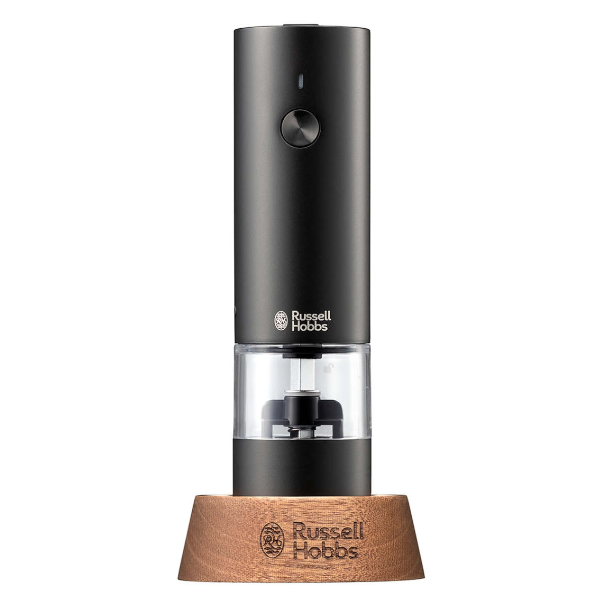 Russell Hobbs 充電式 電動ミル ソルト&ペッパー ミニ 木台付き スパイスミル ( ラッセルホブス ミル USB ソルトミル ペッパーミル ワンプッシュ セラミック刃 ウッドスタンド付き 胡椒 岩塩 キャップ付き ) 【シルバー】 シルバー