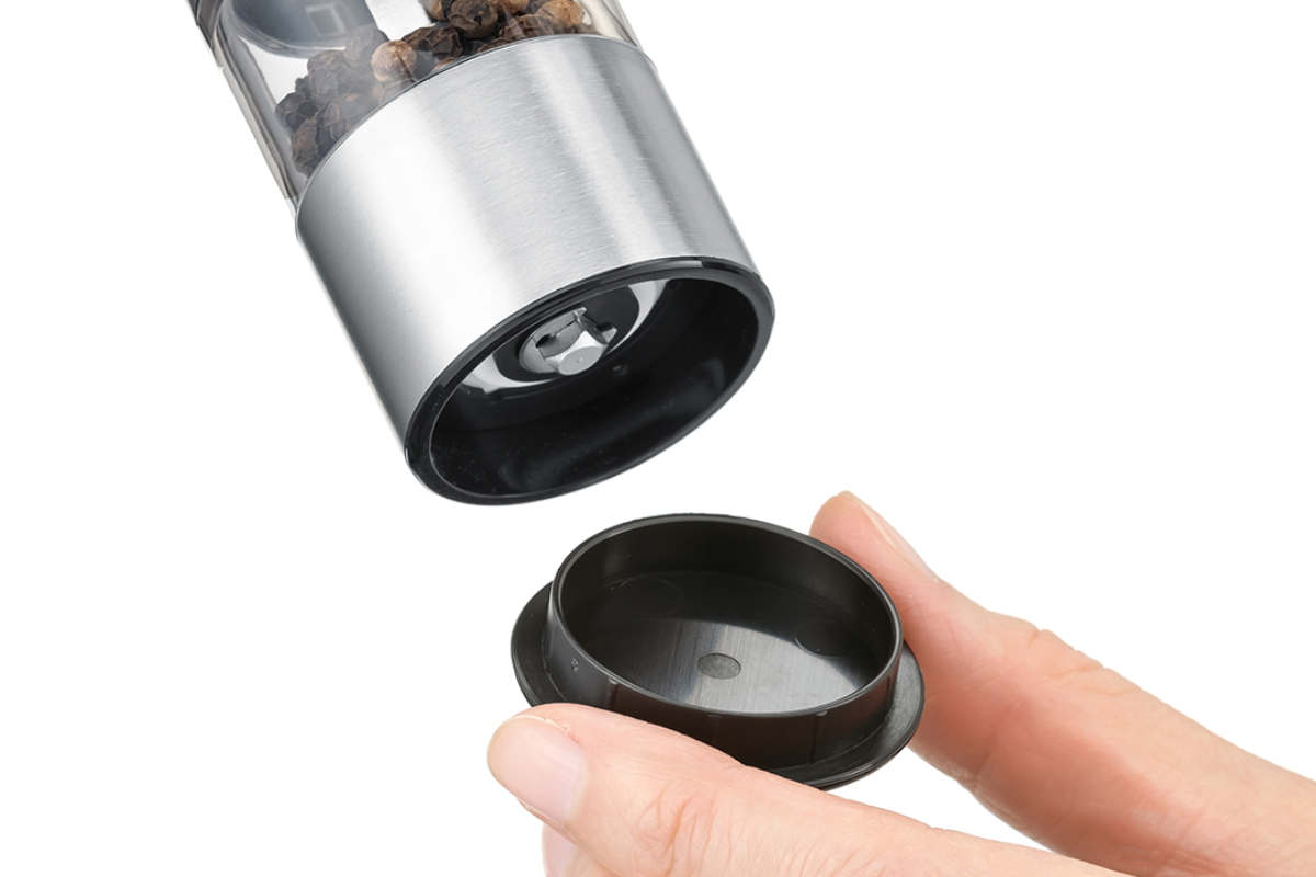 Russell Hobbs 充電式 電動ミル ソルト&ペッパー ミニ 木台付き スパイスミル ( ラッセルホブス ミル USB ソルトミル ペッパーミル ワンプッシュ セラミック刃 ウッドスタンド付き 胡椒 岩塩 キャップ付き ) 【シルバー】 シルバー