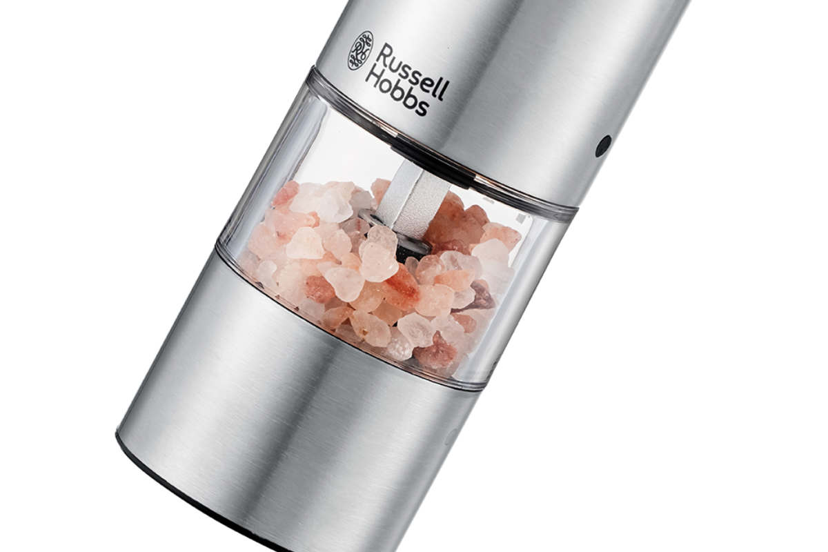 Russell Hobbs 充電式 電動ミル 2本セット ソルト&ペッパー ミニ 木台付き スパイスミル ( ラッセルホブス ミル USB ソルトミル ペッパーミル ワンプッシュ セラミック刃 ウッドスタンド付き 胡椒 岩塩 2本 ) 【シルバー】 シルバー
