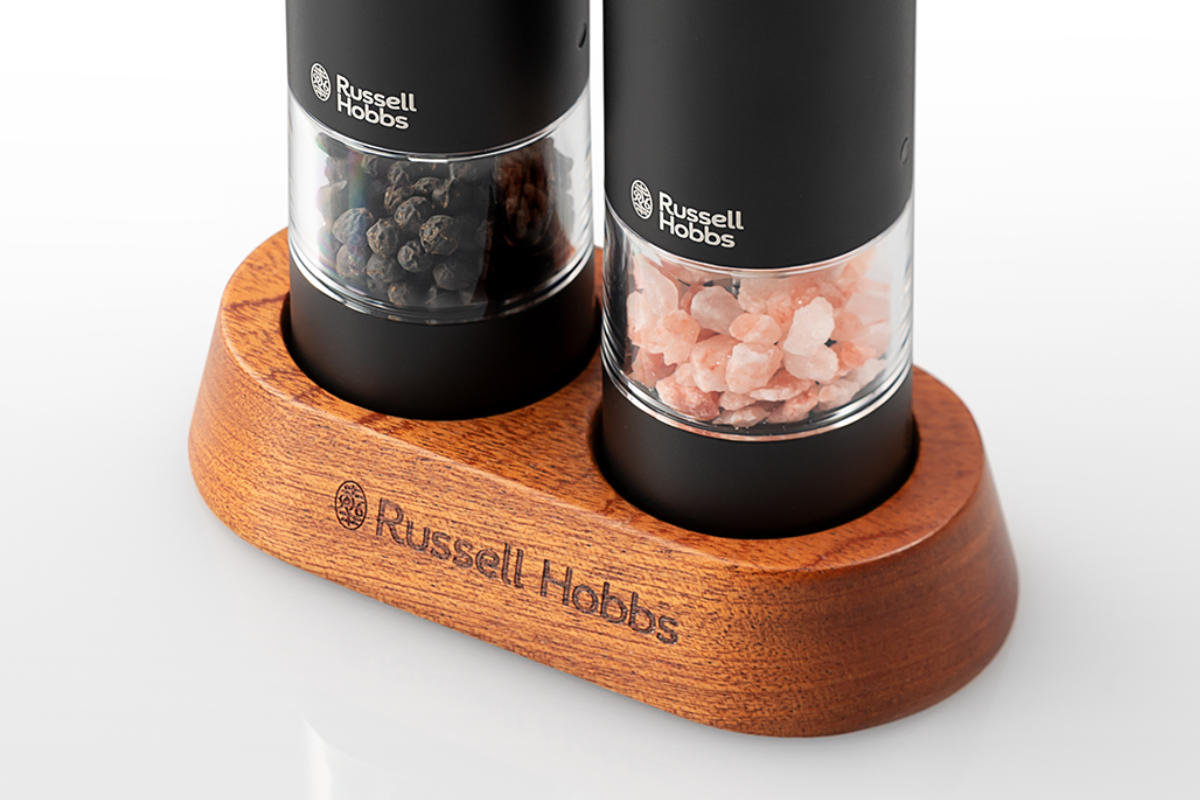 Russell Hobbs 充電式 電動ミル 2本セット ソルト&ペッパー ミニ 木台付き スパイスミル ( ラッセルホブス ミル USB ソルトミル ペッパーミル ワンプッシュ セラミック刃 ウッドスタンド付き 胡椒 岩塩 2本 ) 【シルバー】 シルバー