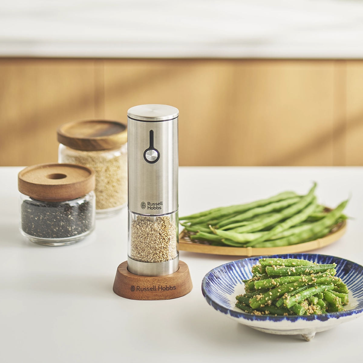 Russell Hobbs 充電式 電動ミル 木製スタンド付き ゴマミル ( ラッセルホブス ミル USB ごまミル 胡麻ミル ウッドスタンド付き ごま 胡麻 ゴマ すりごま すりゴマ LED )